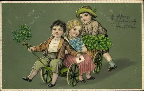 Präge Litho Glückwunsch Neujahr, Kinder mit Handwagen, Kleeblätter