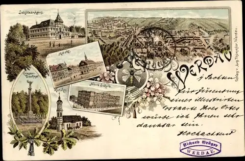 Vorläufer Litho Werdau in Sachsen, Stadtansichten, Schützenhaus, Kriegerdenkmal, Schule, 1894