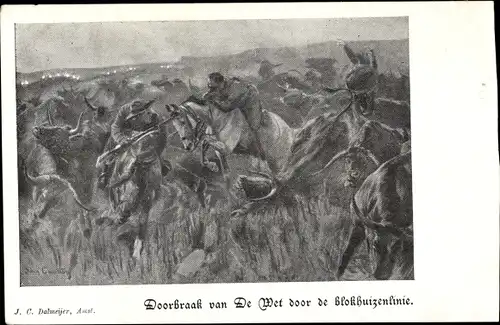 Künstler Ak Südafgrika, Doorbraak van De Wet door de blokhuizenlinie, Burenkrieg