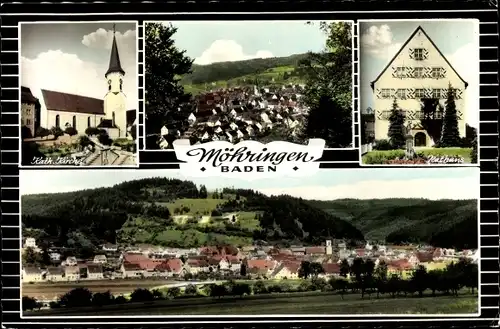 Ak Möhringen in Baden Tuttlingen, Kath. Kirche, Rathaus, Panorama