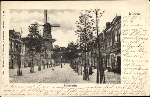 Ak Leiden Südholland Niederlande, Zijdgracht, Windmühle