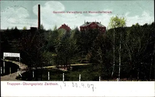 Ak Zeithain in Sachsen, Truppenübungsplatz, Garnison Verwaltung, Manschaftspark