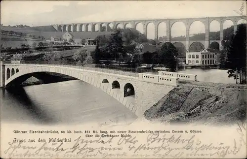 Ak Göhren Wechselburg, Muldental, Eisenbahnbrücke, Straßenbrücke zwischen Cossen und Göhren