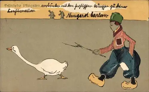 Künstler Ak Glückwunsch Pfingsten, Junge in niederländischer Tracht, Gänsehirte