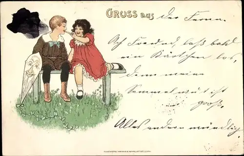 Litho Junge und Mädchen auf einer Bank, Flugdrachen