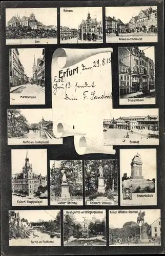 Ak Erfurt in Thüringen, Dom, Rathaus, Roland, Bahnhof, Hauptpostamt, Bismarcksäule, Denkmäler