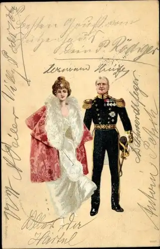 Litho Liebespaar, Soldat in Uniform, Frau in weißem Kleid