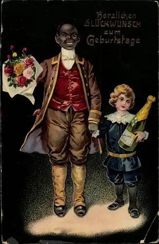 Ak Glückwunsch Geburtstag, dunkelhäutiger Mann mit Blumenstrauß, Kind mit Sektflasche