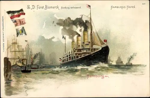 Litho HAPAG Dampfer Fürst Bismarck verlässt den Hamburger Hafen
