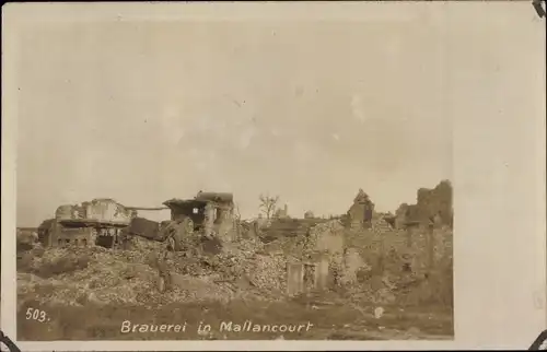 Foto Ak Malancourt Lothringen Meuse, Ruine der Brauerei, Kriegszerstörung I. WK, 1917