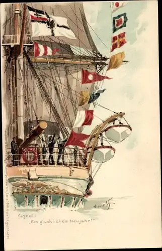 Künstler Ak Bohrdt, Segelschiff mit Signalfahnen, Ein glückliches Neujahr