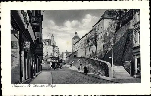 Ak Siegen in Nordrhein Westfalen, Straßenpartie, Singer, Schneider, Unteres Schloss, Treppe