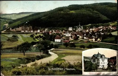 Ak Schmitten im Hochtaunuskreis Hessen, Gesamtansicht des Ortes, Hotel Wenzel