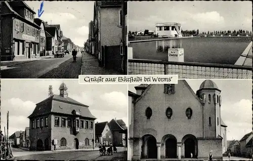 Ak Bürstadt in Hessen, Kirche, altes Rathaus, Schwimmbad