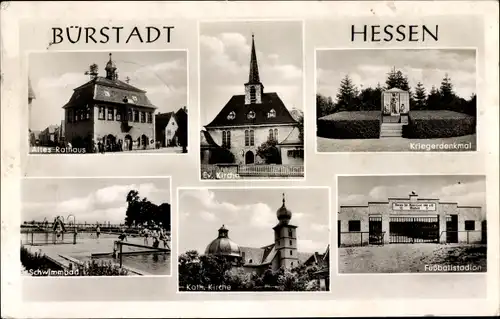 Ak Bürstadt in Hessen, Kirche, altes Rathaus, Schwimmbad, Fußballstadion, Kriegerdenkmal
