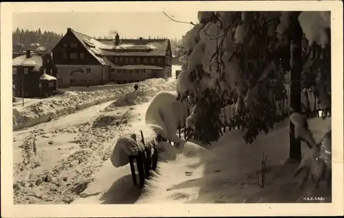 Ak Mühlleiten Klingenthal im Vogtland Sachsen, Winter, Blick zum Buschhaus