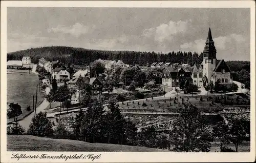 Ak Tannenbergsthal im Vogtland, Gasthof zur Tanne, Panorama mit Kirche
