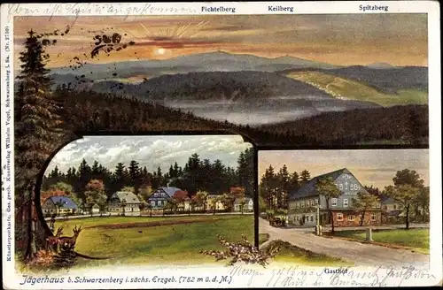 Künstler Ak Jägerhaus Schwarzenberg Sächs. Erzgebirge, Jägerhaus mit Gasthof, Spitzberg, Fichtelberg