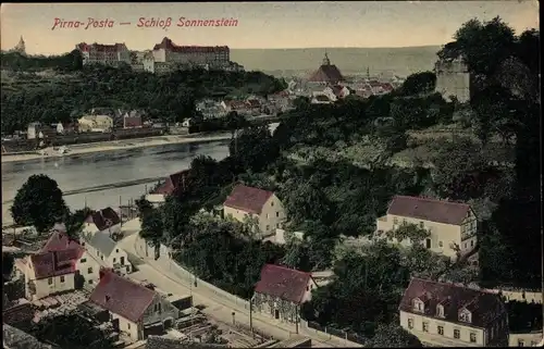 Ak Posta Pirna in Sachsen, Ortsansicht mit Blick auf Schloss Sonnenstein