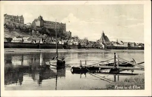 Ak Pirna Elbe, Ortschaft mit Fähre Posta und Stadtblick