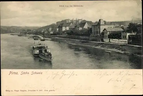 Ak Pirna an der Elbe, Blick von der Elbbrücke, Schiff