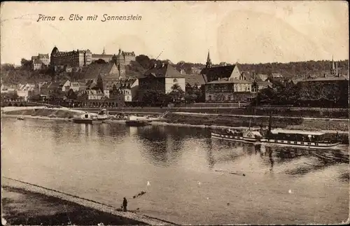 Ak Pirna an der Elbe, Ortsansicht mit Sonnenstein, Schiff