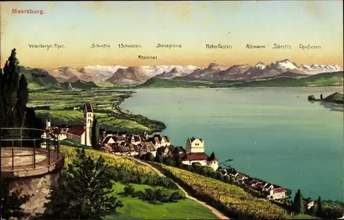 Ak Meersburg am Bodensee, Aussichtsturm, Ort, See mit Bergen