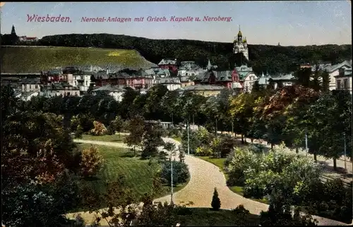 Ak Wiesbaden in Hessen, Nerotal-Anlagen mit Griech. Kapelle u. Neroberg