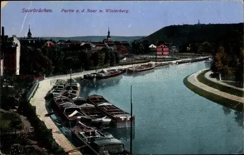 Ak Saarbrücken, Partie an der Saar mit Winterberg