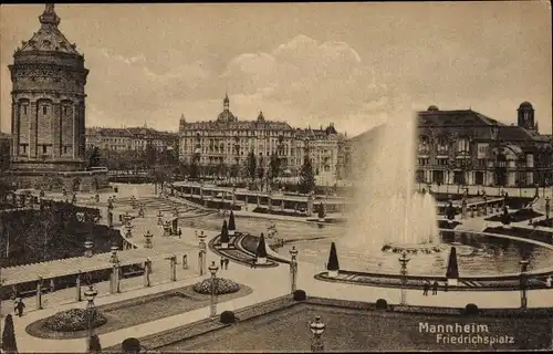 Ak Mannheim in Baden, Friedrichsplatz, Springbrunnen, Wasserturm
