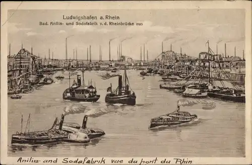 Ak Ludwigshafen am Rhein, BASF Badische Anilin und Sodafabrik von der Rheinbrücke