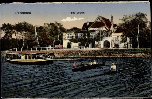 Ak Dortmund im Ruhrgebiet, Bootshaus, Ruderer, Schiff