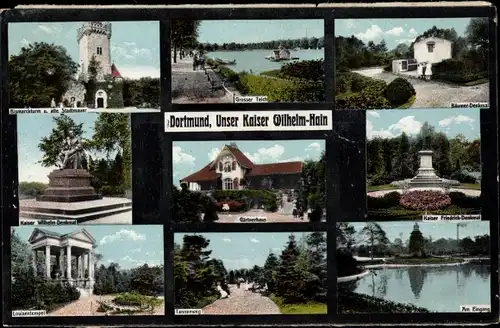Ak Dortmund im Ruhrgebiet, Kaiser Wilhelm Hain, Bismarckturm, Kaiser-Friedrich Denkmal, Großer Teich