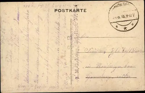 Ak Stempel Deutsche Feldpost 1. WK, 3. MG Kompagnie Inf. Regt.