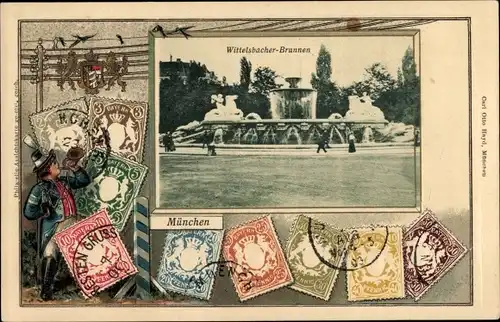 Präge Briefmarken Passepartout Ak München, Wittelsbacher Brunnen