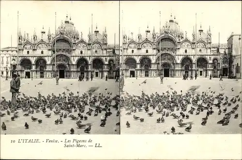 Stereo Ak Venezia Venedig Veneto, Les Pigeons de Saint Marc