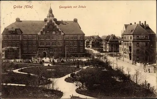 Ak Gröba Riesa an der Elbe Sachsen, Georgplatz mit Schule