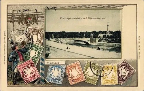 Präge Briefmarken Ak München, Prinzregentenbrücke mit Friedensdenkmal