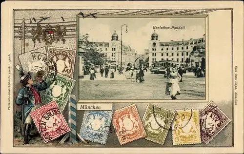 Präge Briefmarken Ak München, Karlstor-Rondell