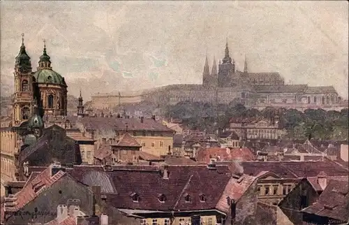 Künstler Ak Prag, Blick über die Dächer der Stadt, Malá Strana