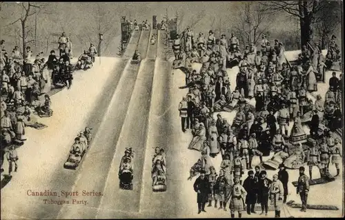 Ak Canadian Sport Series, Toboggan Party, Schlittenrennen, Einheimische in typischer Tracht