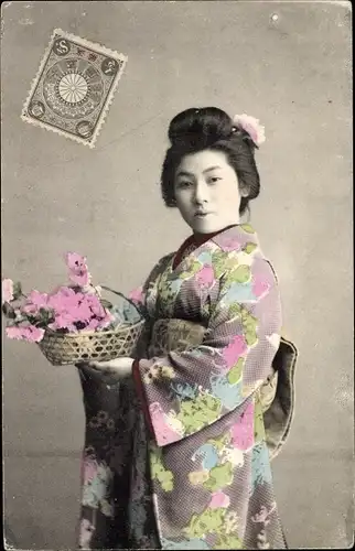 Ak Mädchen in japanischer Tracht, Japanerin, Portrait, Blumenkorb