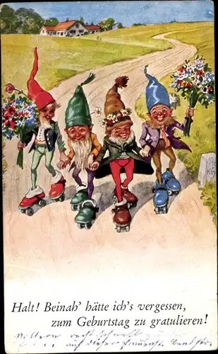 Ak Glückwunsch Geburtstag, Zwerge fahren Rollschuh, Blumen