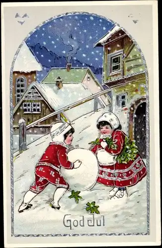 Präge Litho God Jul, Frohe Weihnachten, Kinder in Winterkleidung, Schneeball
