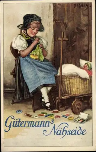Künstler Ak Liebich, Gütermann's Nähseide, nähendes Mädchen in Tracht, Reklame