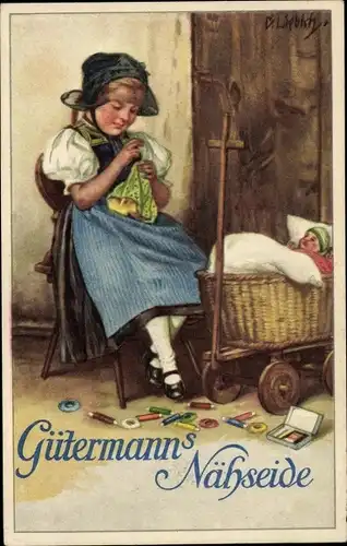 Künstler Ak Liebich, Gütermann's Nähseide, nähendes Mädchen in Tracht, Reklame
