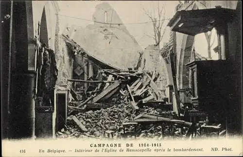 Ak Belgien, Intérieur de l'Eglise de Ramscapelle après le bombardement