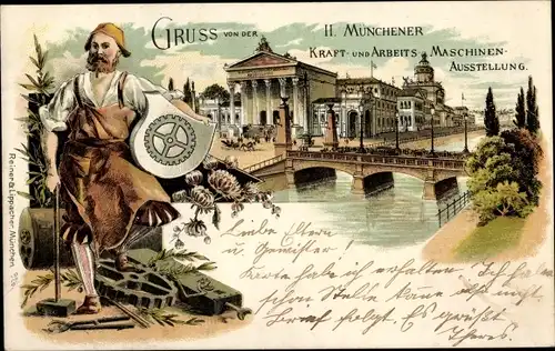 Litho München Bayern, II. Münchener Kraft- und Arbeits- u. Maschinen Ausstellung