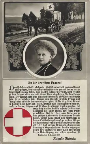 Ak Kaiserin Auguste Viktoria, An die deutschen Frauen, Rotes Kreuz, Sanitätswagen
