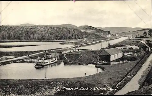 Ak Cairnbaan Schottland, Ausflugsdampfer SS Linnet, Lock 9, Crinan Canal
